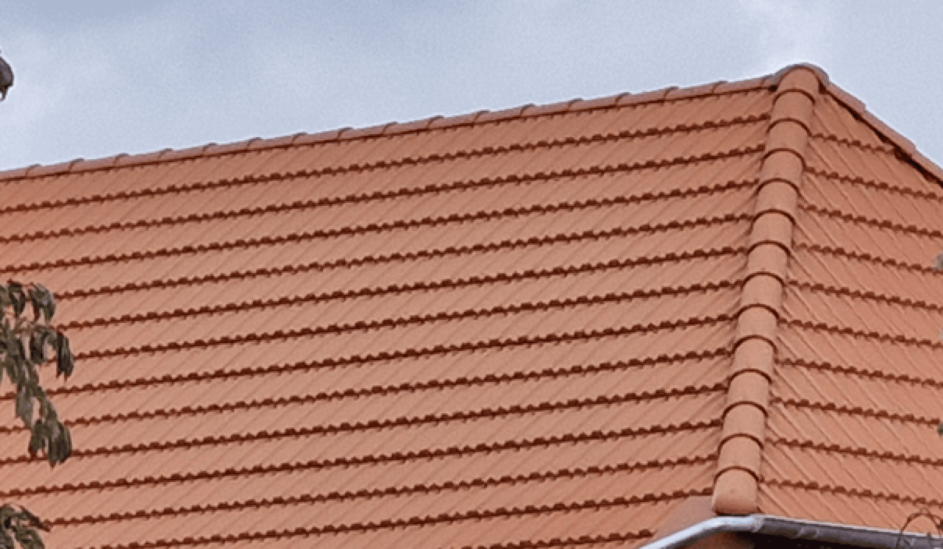 Nahaufnahme eines Hausdachs mit rötlich-orangefarbenen, sich überlappenden, gewölbten Dachziegeln unter einem bewölkten Himmel. Am linken Bildrand sind ein paar grüne Blätter zu sehen.