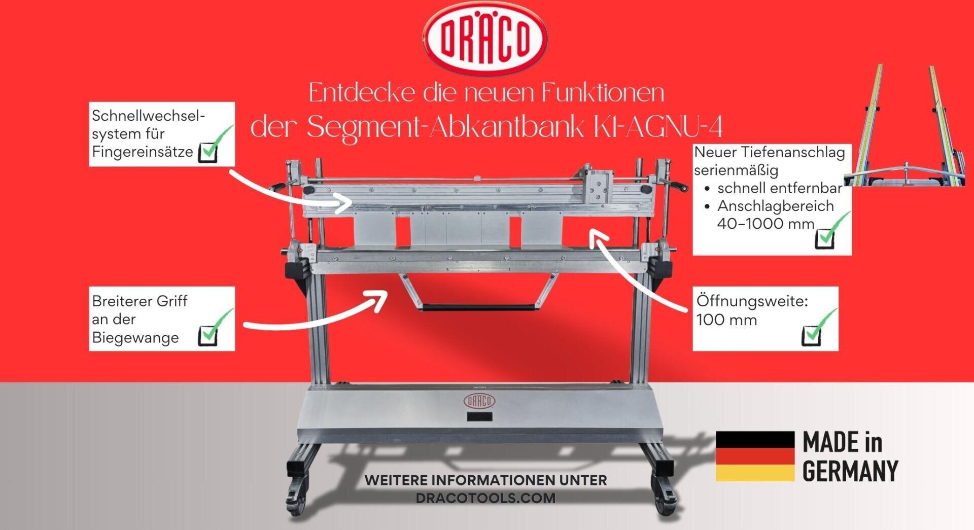 Eine Metallbiegemaschine mit deutsch beschrifteten Merkmalen wie Schnellwechselsystem, breiterem Griff, verstellbarem Anschlag und 100 mm Öffnungsweite, auf rotem Hintergrund mit Made in Germany und DRACO Logos.