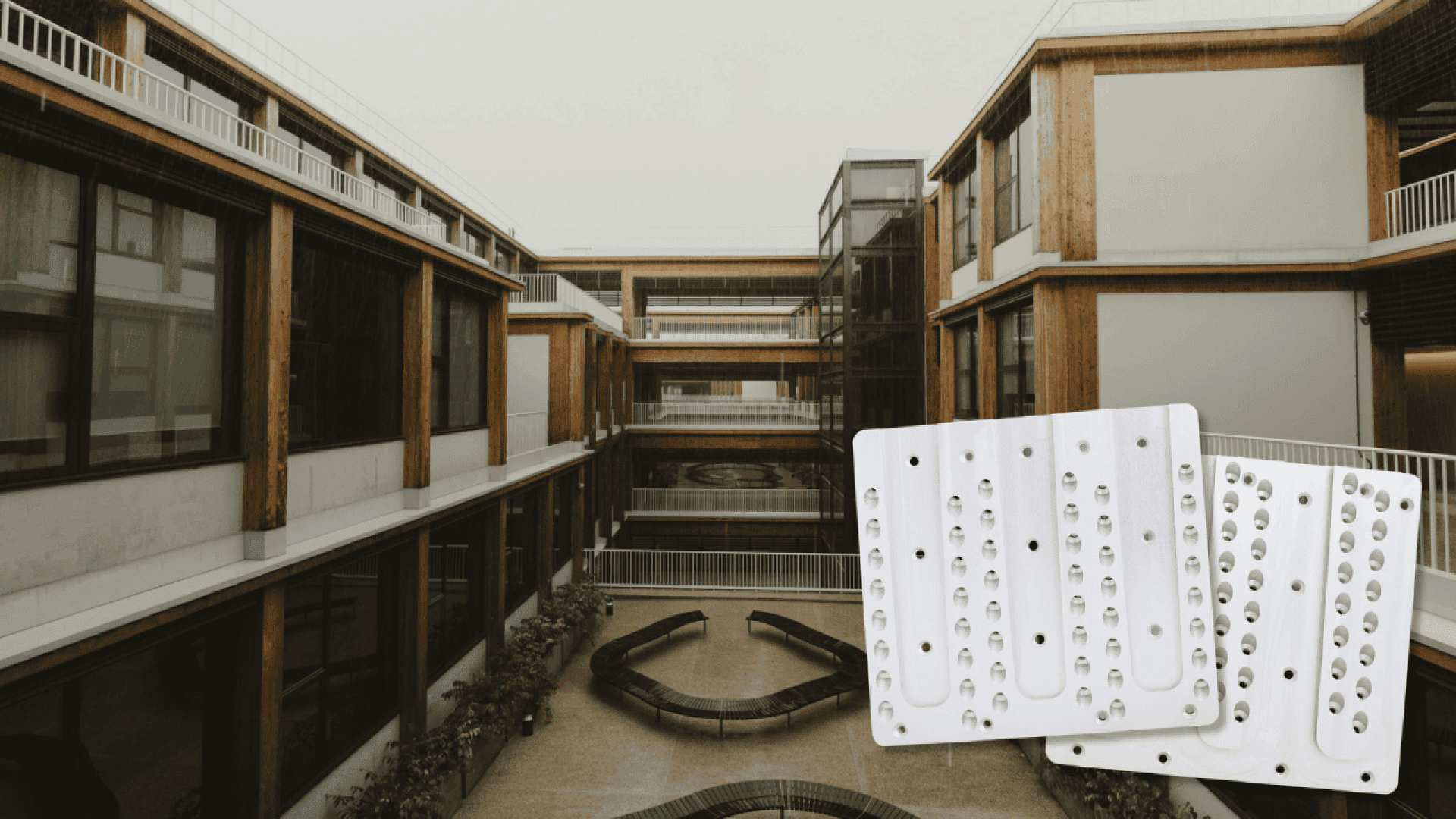 Modern building courtyard with wood and glass elements, featuring a superimposed image of three metal dental implant guides in the lower right corner.