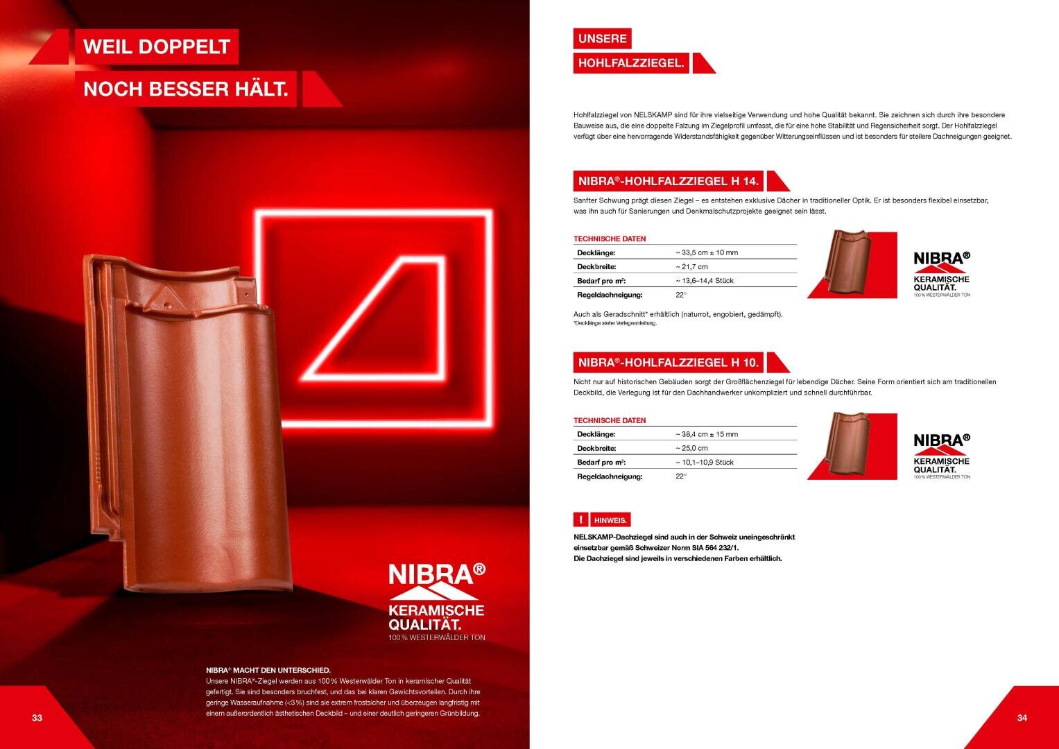 Ein glänzender brauner Keramikdachziegel steht aufrecht auf einer roten Fläche mit roter Neonbeleuchtung und geometrischen Formen im Hintergrund. Auf der rechten Seite erscheinen Produktdetails und technische Daten.