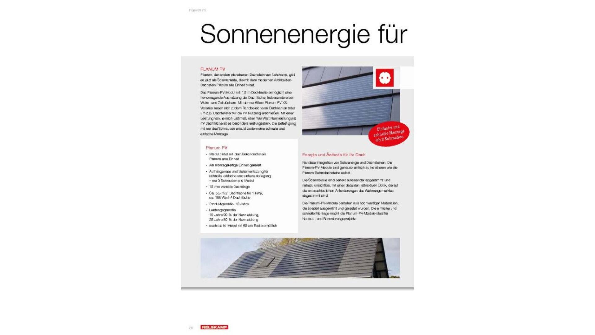 A German brochure page titled Sonnenenergie für with images of solar panels on modern building facades. The text discusses photovoltaic panels and their benefits, including environmental and energy efficiency advantages.