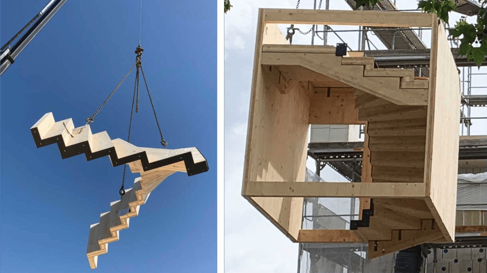 Links: Eine zickzackförmige Holztreppe wird von einem Kran vor blauem Himmel angehoben. Rechts: Die in einem Holzwürfel eingeschlossene Treppe hängt in der Nähe eines Gerüsts und eines im Bau befindlichen Gebäudes.