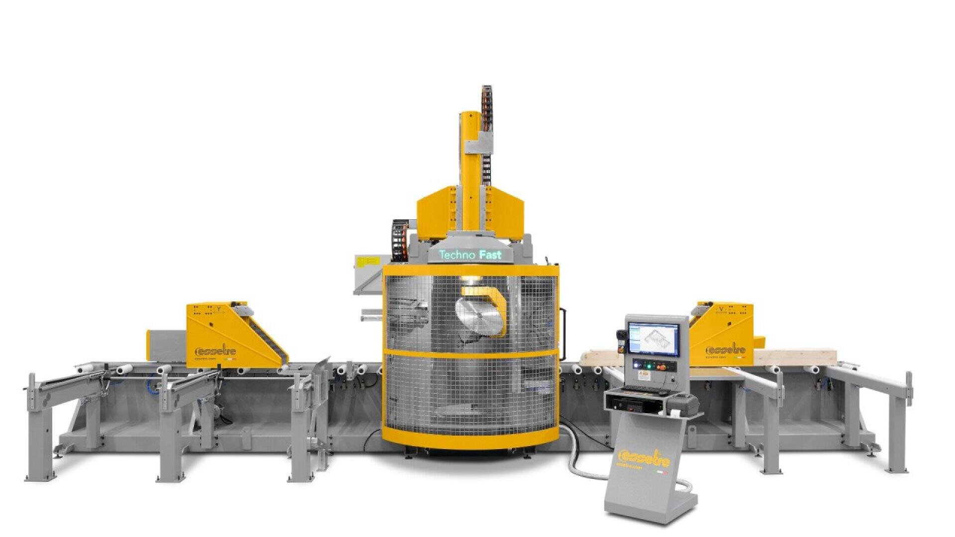 A large industrial woodworking machine with yellow and gray components, including a central circular section with safety mesh, conveyor arms, and a control panel with a screen, all set against a white background.