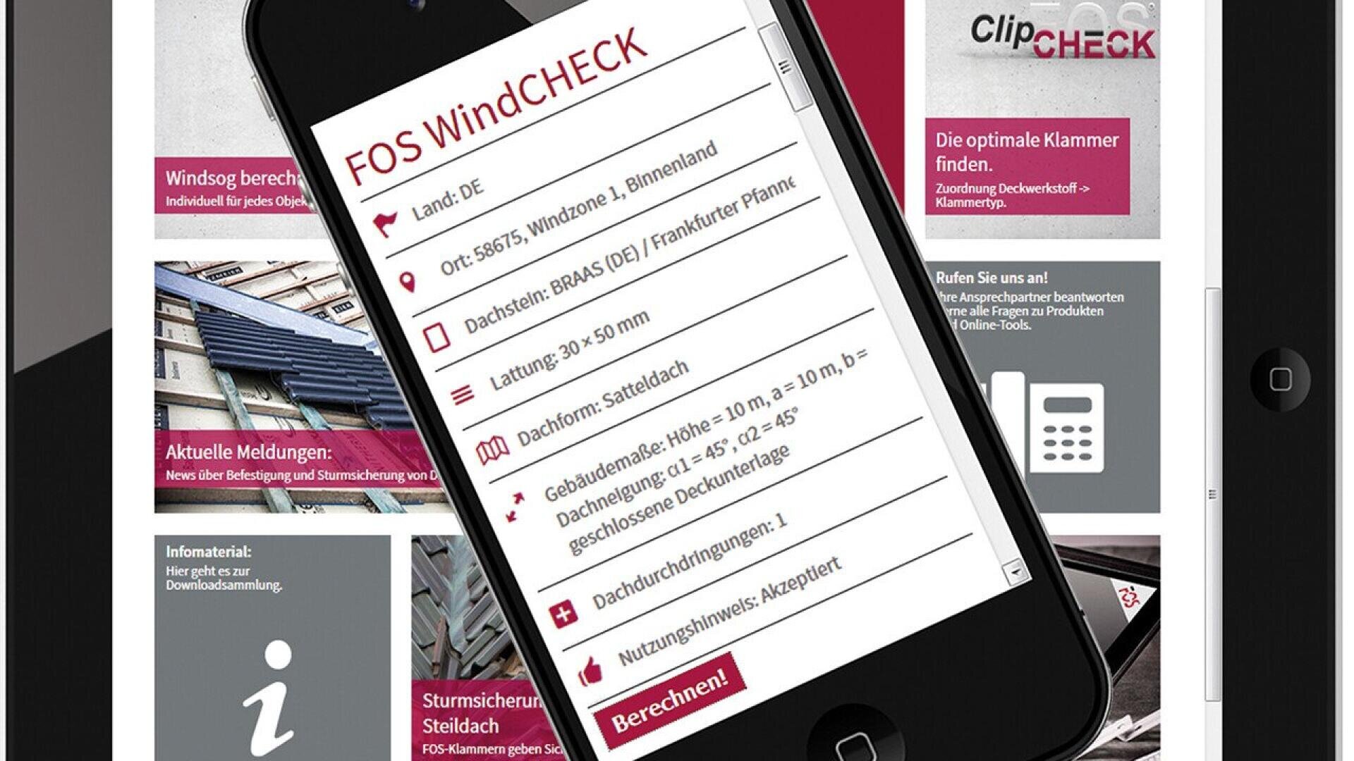 A smartphone and tablet display a roofing application interface with options and information in German, including wind check details, measurements, and a red Berechnen! (Calculate!) button. Icons and text are visible on the tablet screen.