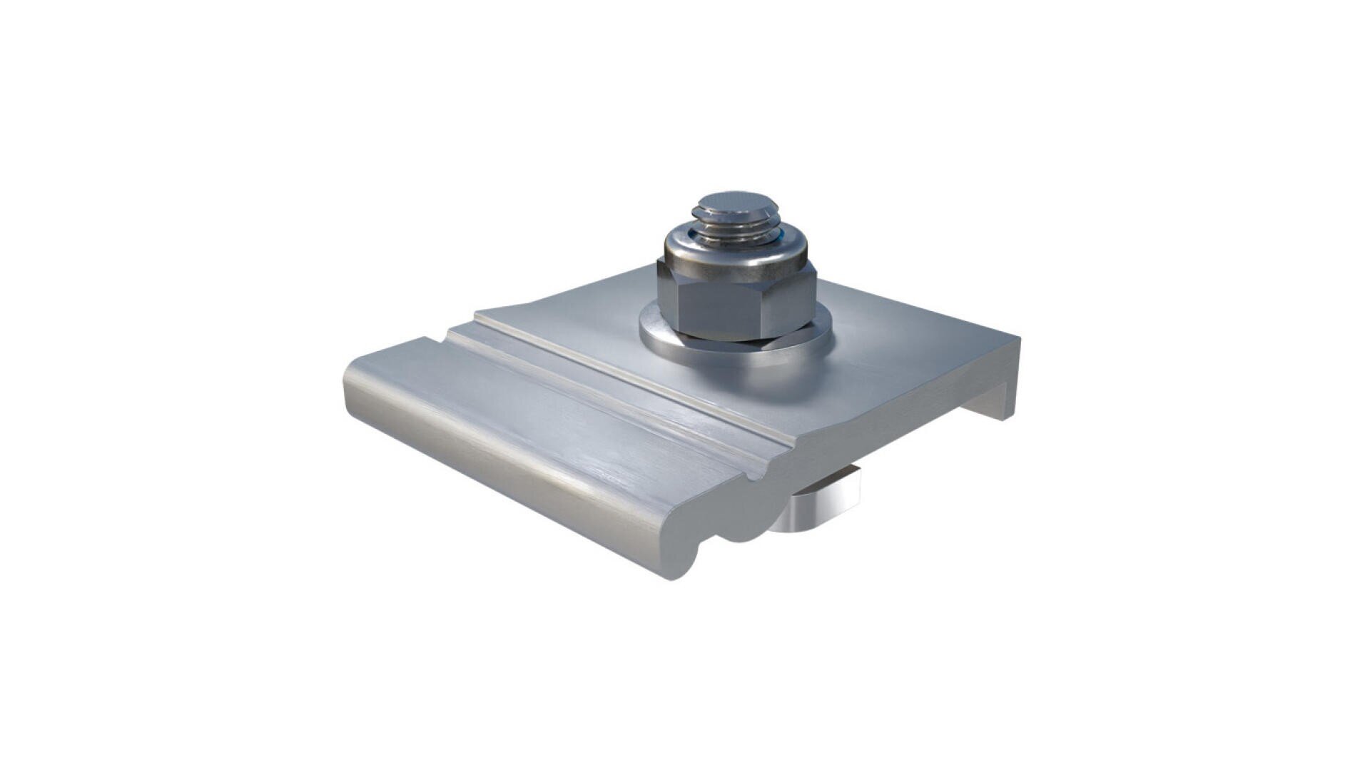 Eine Metallhalterung mit einer Schraube und Mutter an der Oberseite, die zum Befestigen von Platten oder Strukturen dient und vor einem schlichten weißen Hintergrund dargestellt ist.