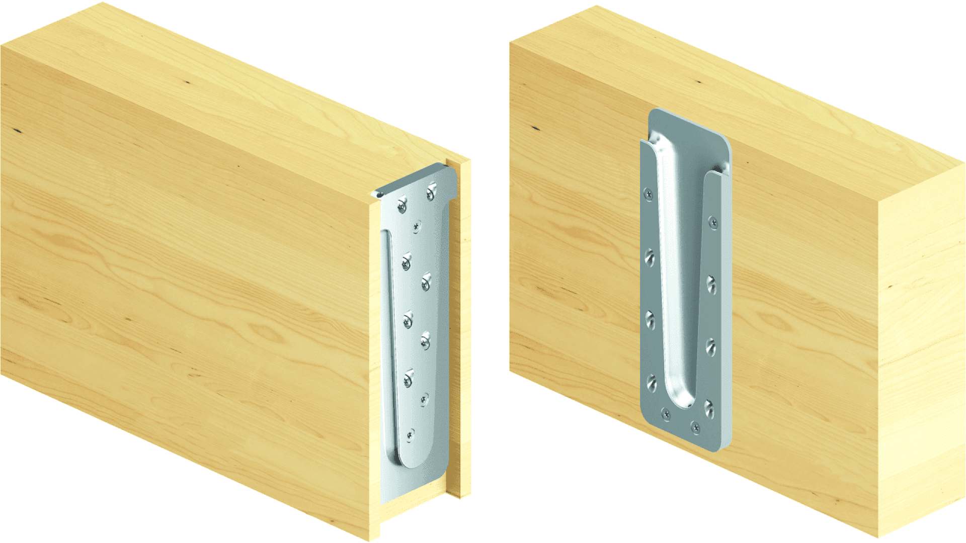 Two wooden beams are shown, each with a metal connector plate attached at the end. The left plate is wrapped around the beam’s edge, while the right plate is flush-mounted onto the beam’s surface.