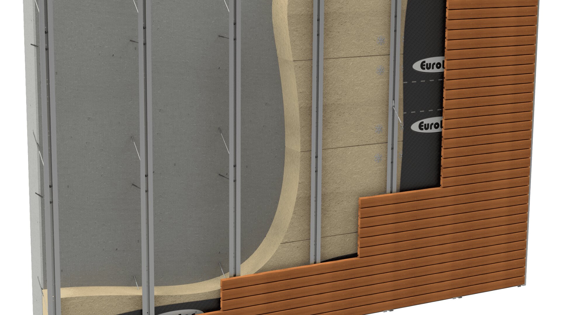 Cross-section of a building wall showing layers: steel framing, insulation, black moisture barrier labeled Eurowall, and horizontal wooden cladding on the exterior.