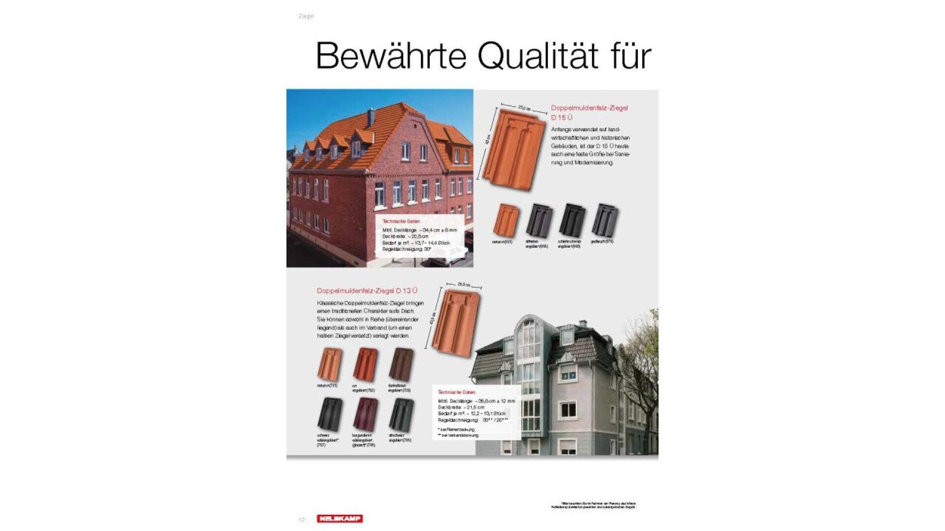 A German advertisement showing roof tiles in various colors and styles, with images of two houses featuring different roofing. The heading reads Bewährte Qualität für, meaning Proven quality for.