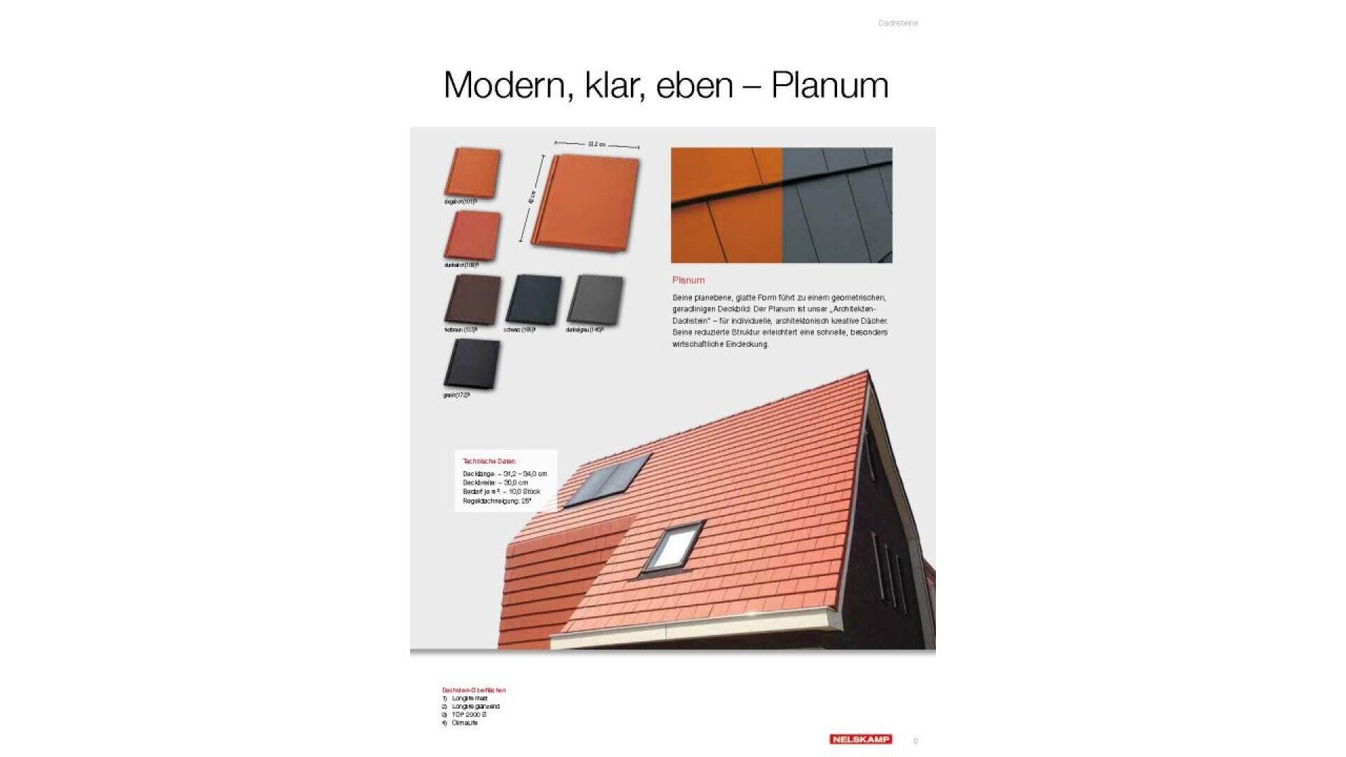 A catalog page features various colors of rectangular roof tiles labeled Planum with a modern house showcasing the tiles on its roof. Text describes the product’s modern, smooth design and available color options.