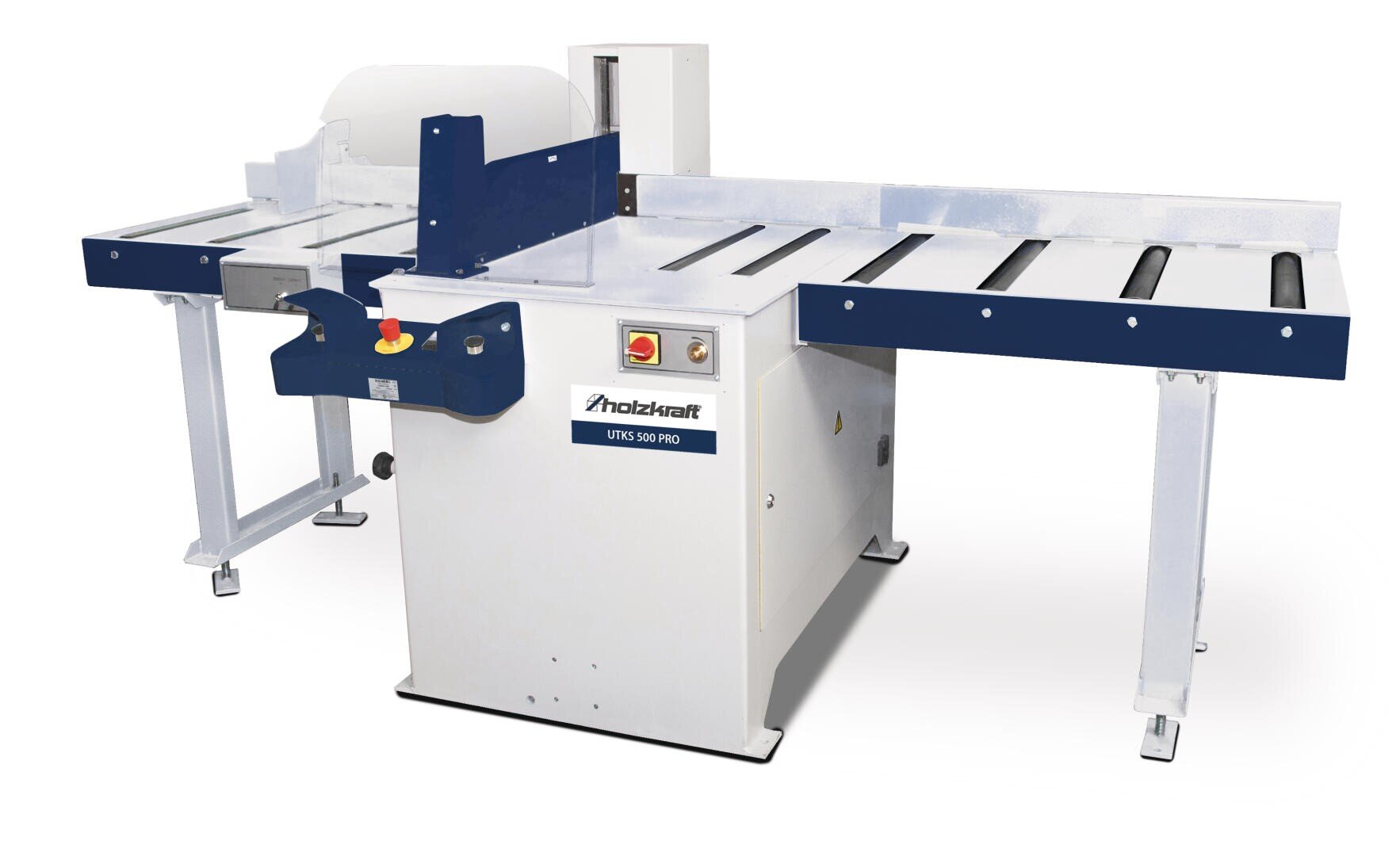 Eine große industrielle Schneidemaschine mit einem weiß-blauen Metallrahmen, Steuertasten auf der Vorderseite und Förderrollen auf beiden Seiten zum Bewegen von Materialien.
