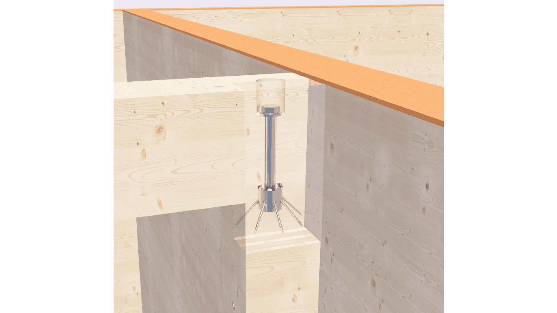 A digital rendering shows a steel connector anchored to a wooden column and beam with bolts, joining two light-colored wooden structures. An orange strip runs along the top edge of the assembly.