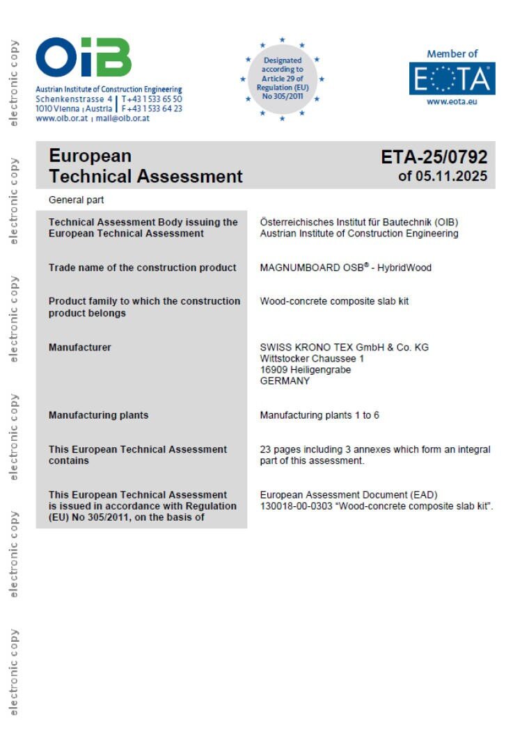 A European Technical Assessment document showing product and manufacturer details for MAGNUMBOARD OSB®, issued by OIB and EOTA, valid until 2025. The layout is structured in a table format with logos at the top.