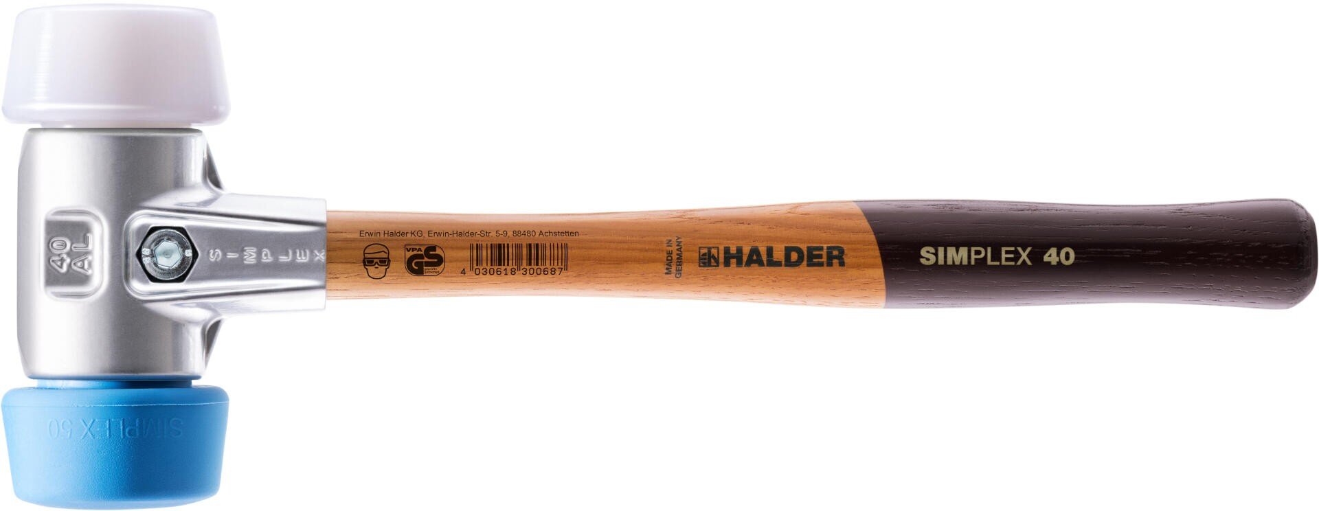 Ein Halder SIMPLEX 40 Hammer mit Holzstiel und auswechselbaren weißen und blauen Schlagflächen, konzipiert für den vielseitigen Einsatz in unterschiedlichen Anwendungsgebieten.