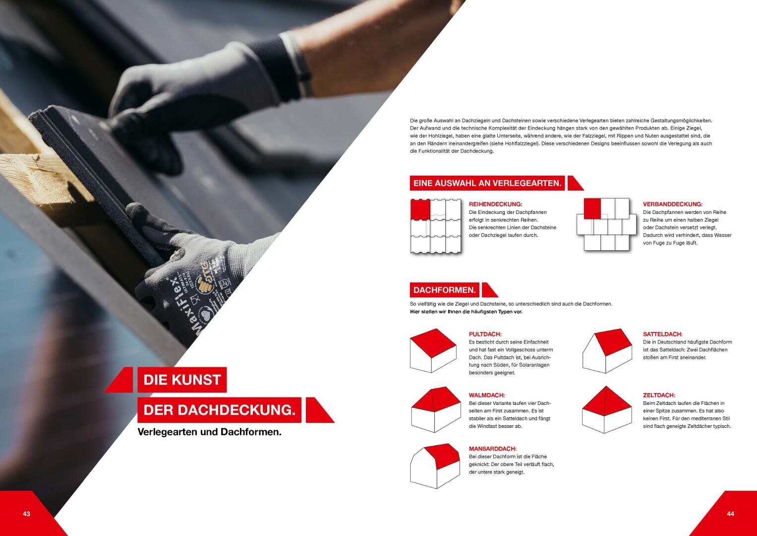 Eine Person verlegt einen Dachziegel auf Holzbalken. Auf der rechten Seite erklären Diagramme und Texte verschiedene Dachziegelmuster und Dachformen in deutscher Sprache, mit roten und grauen Abbildungen der einzelnen Typen zum Vergleich.
