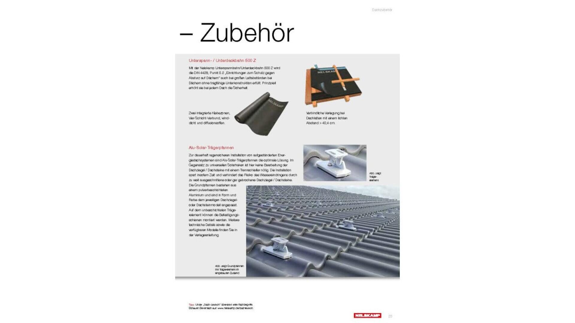 A catalog page titled Zubehör shows images and descriptions of roofing accessories, including a ridge tile, a black mounting panel, and a silver roof clamp on a tiled roof. Text is in German.