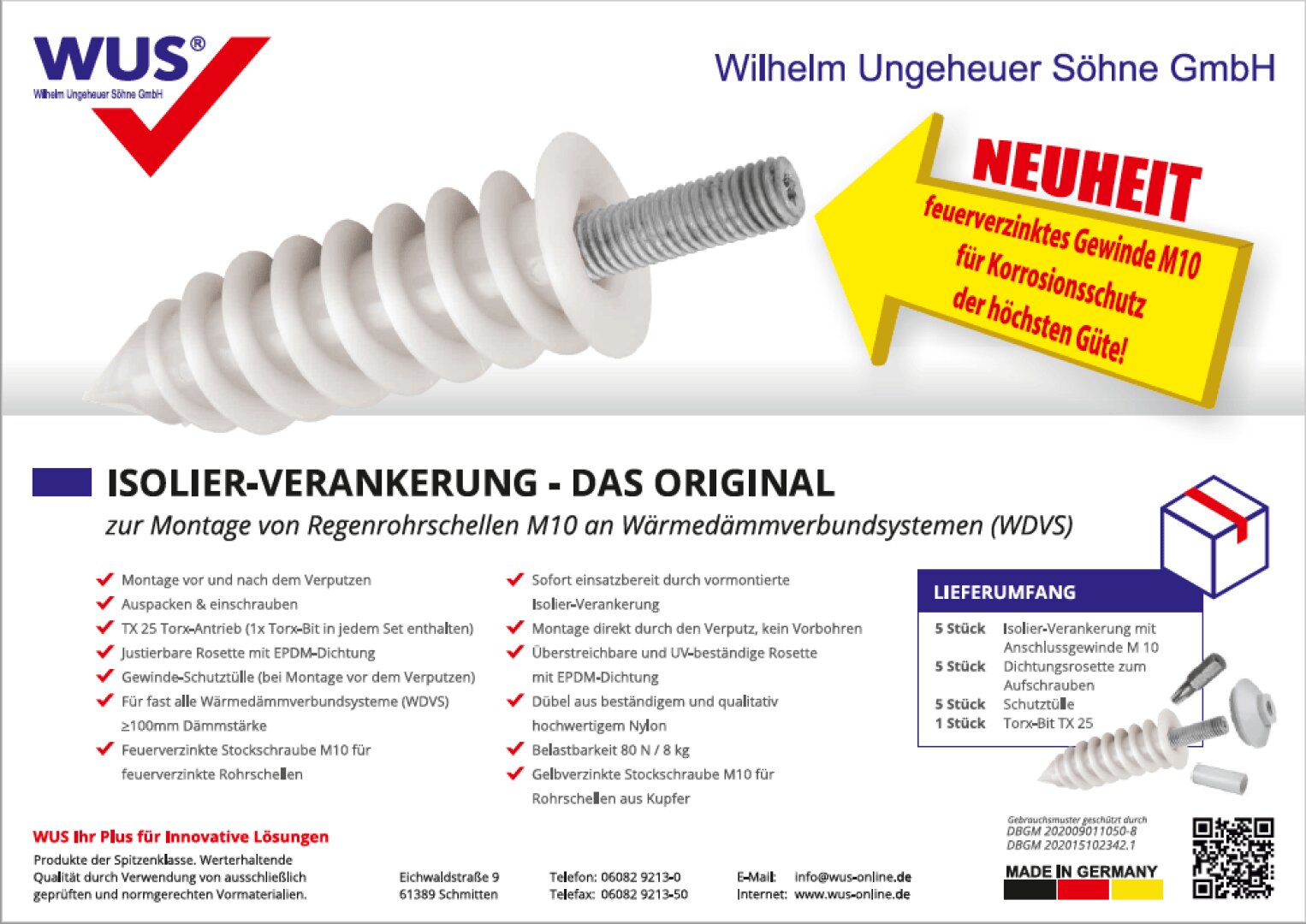 Werbeflyer für WUS Isolier-Verankerungen. Mit großem Dübelbild, Produktdetails, Eigenschaften und einem gelben Kasten, der die neuen korrosionsbeständigen Gewinde hervorhebt. Enthält Firmeninformationen und Kontaktdaten.