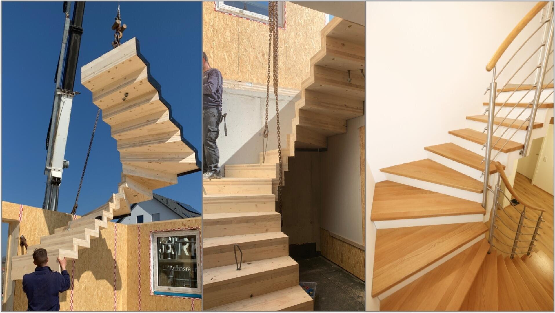 Drei Fotos zeigen eine Holztreppe: Sie wird von einem Kran angehoben, in ein im Bau befindliches Haus eingebaut und mit einem Metallgeländer und polierten Stufen fertiggestellt.