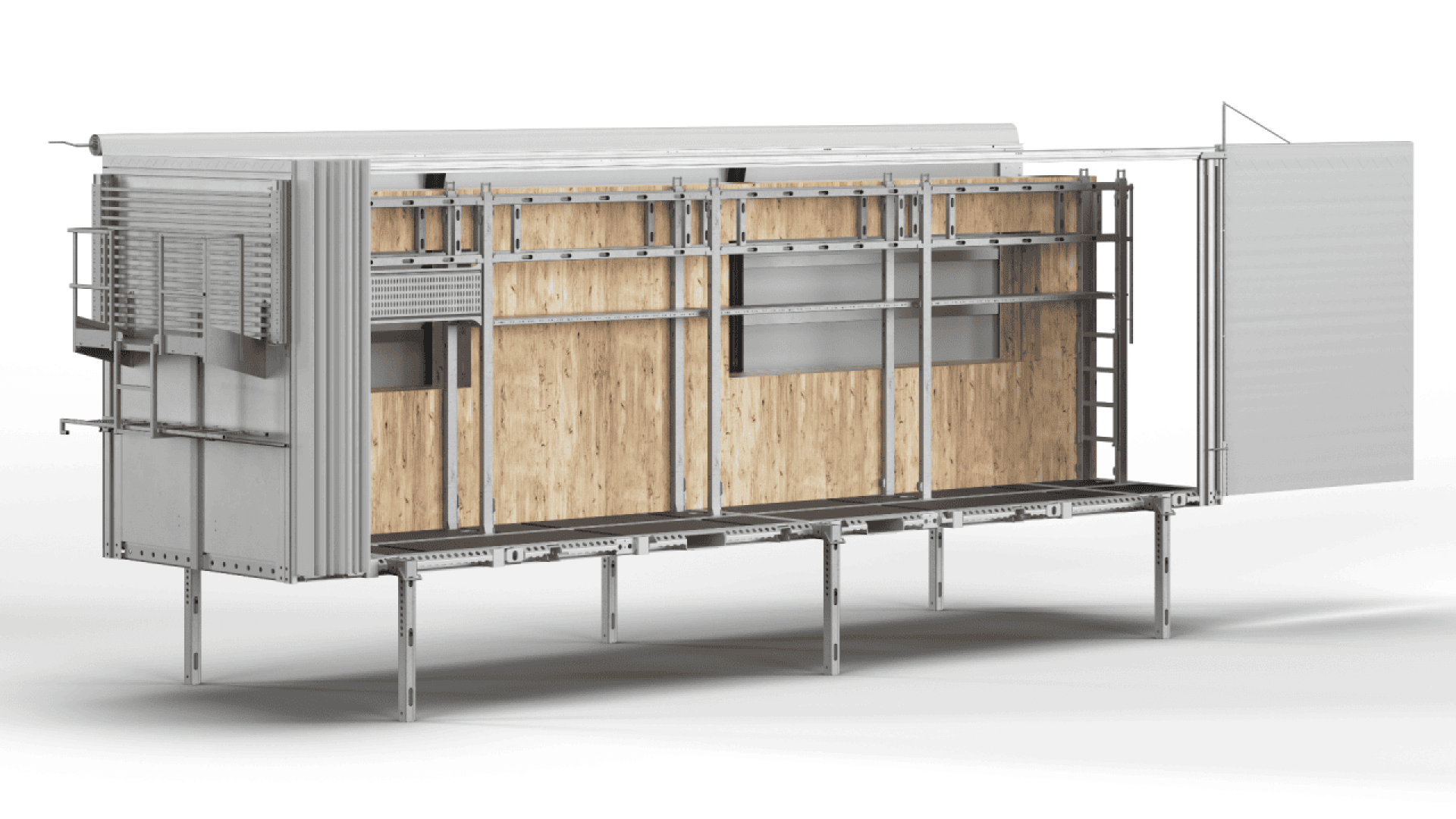 A side view rendering of a modular building unit with metal framing and wood panel walls, featuring multiple openings, platforms, and sections, elevated on metal supports.