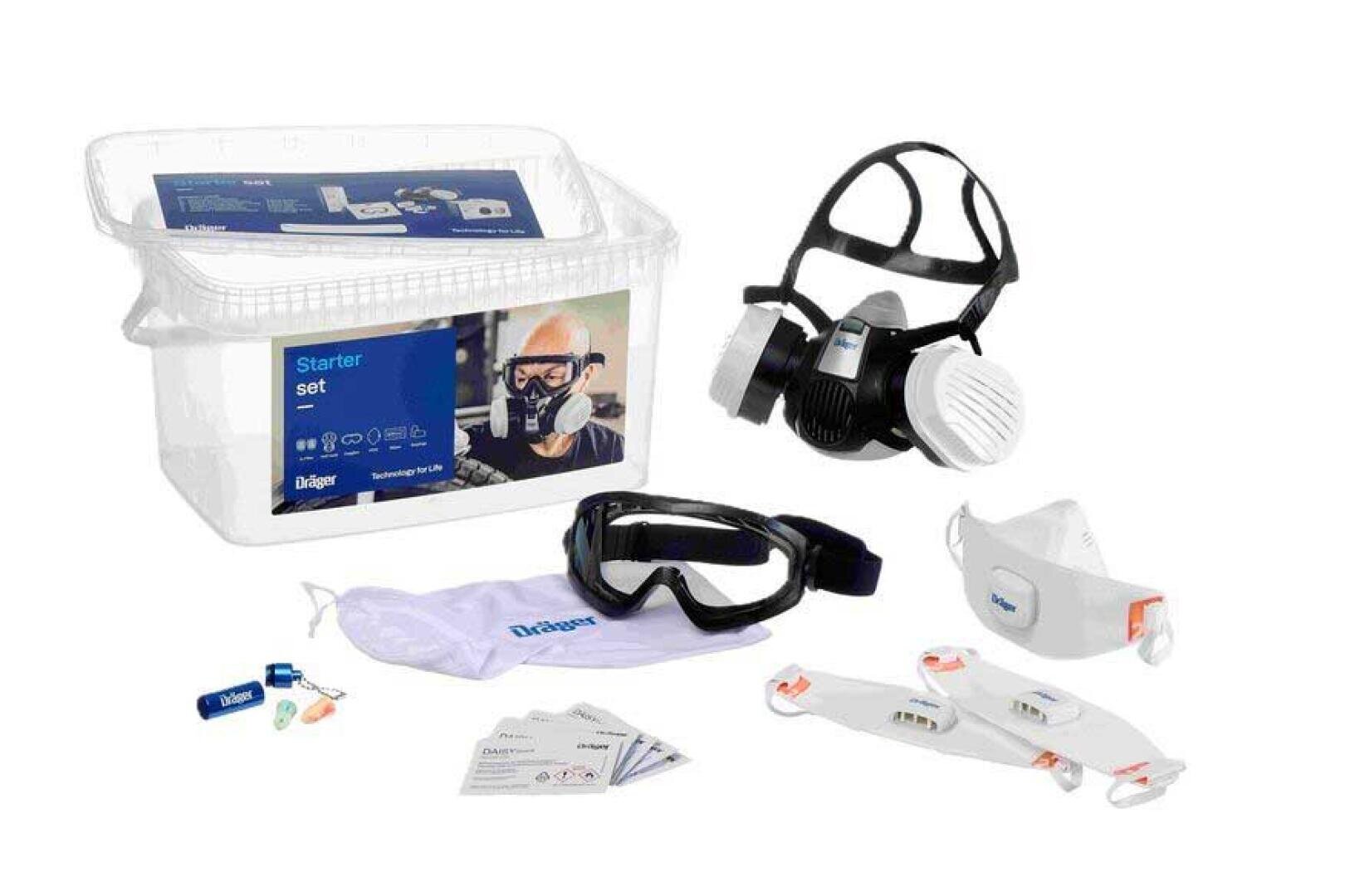 Starter-Set für den Atemschutz, bestehend aus Maske, Schutzbrille, Filtern, Gebrauchsanweisungen, USB-Stick, Ohrstöpseln und Aufbewahrungsbox, alles auf weißem Hintergrund.