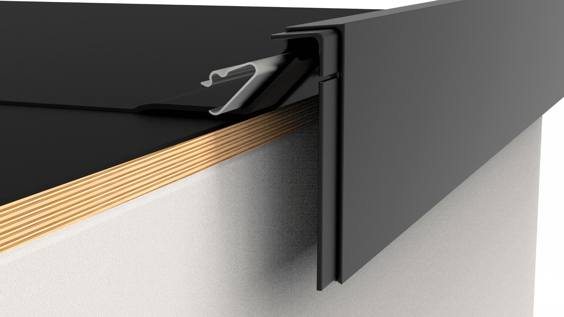 Eine Nahaufnahme einer 3D-Darstellung eines Metalldachkantendetails, die eine geschichtete Struktur mit einer schwarzen Metallkappe, einem Holzsubstrat und einem versteckten Befestigungsclipsystem zur sicheren Befestigung zeigt.