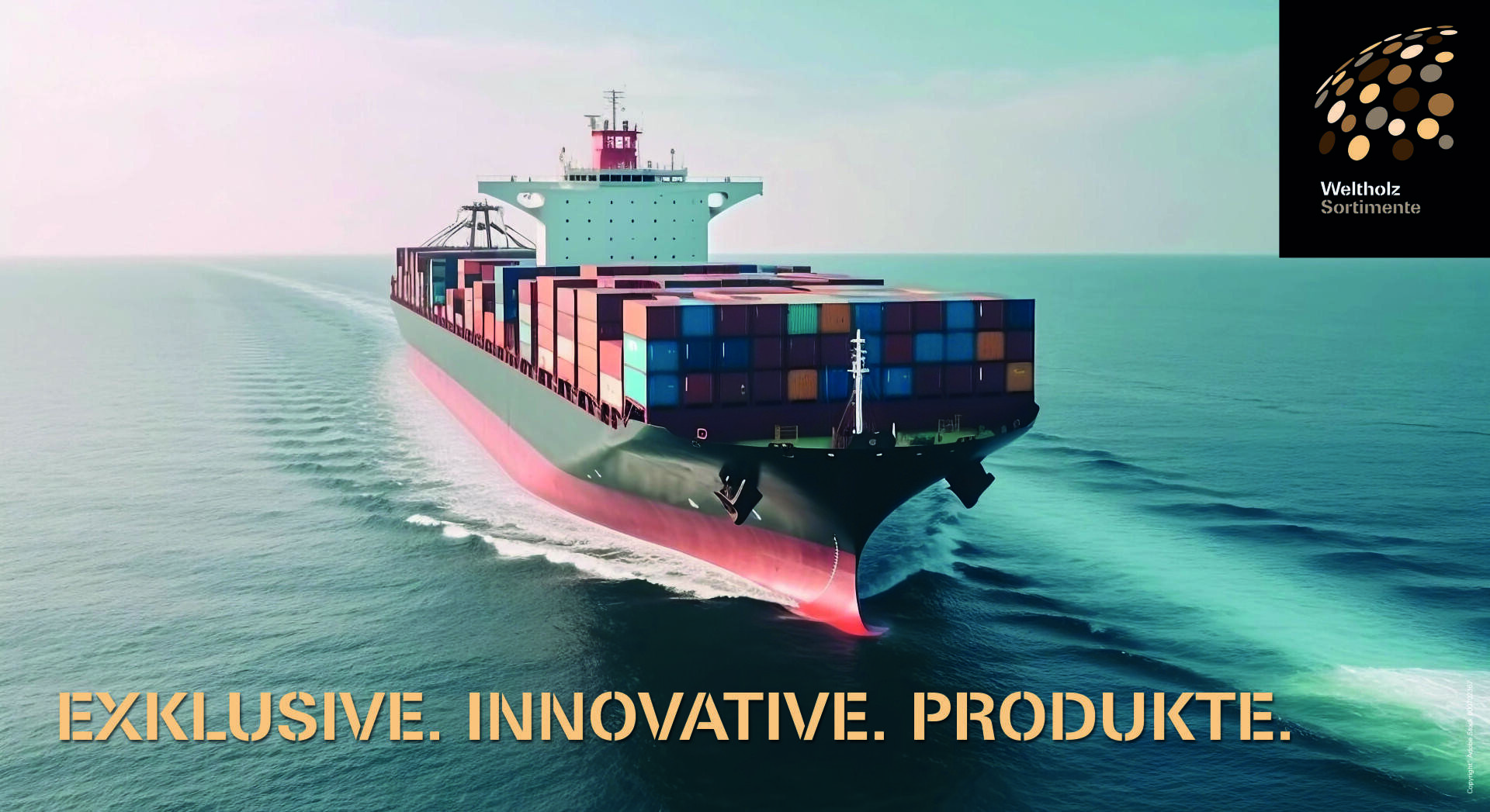 Ein großes Containerschiff fährt mit bunten Frachtcontainern über den Ozean. In der rechten oberen Ecke ist das Logo von Weltholz Sortiment zu sehen, und am unteren Rand steht: EXKLUSIV. INNOVATIV. PRODUKTE. in goldener Schrift.