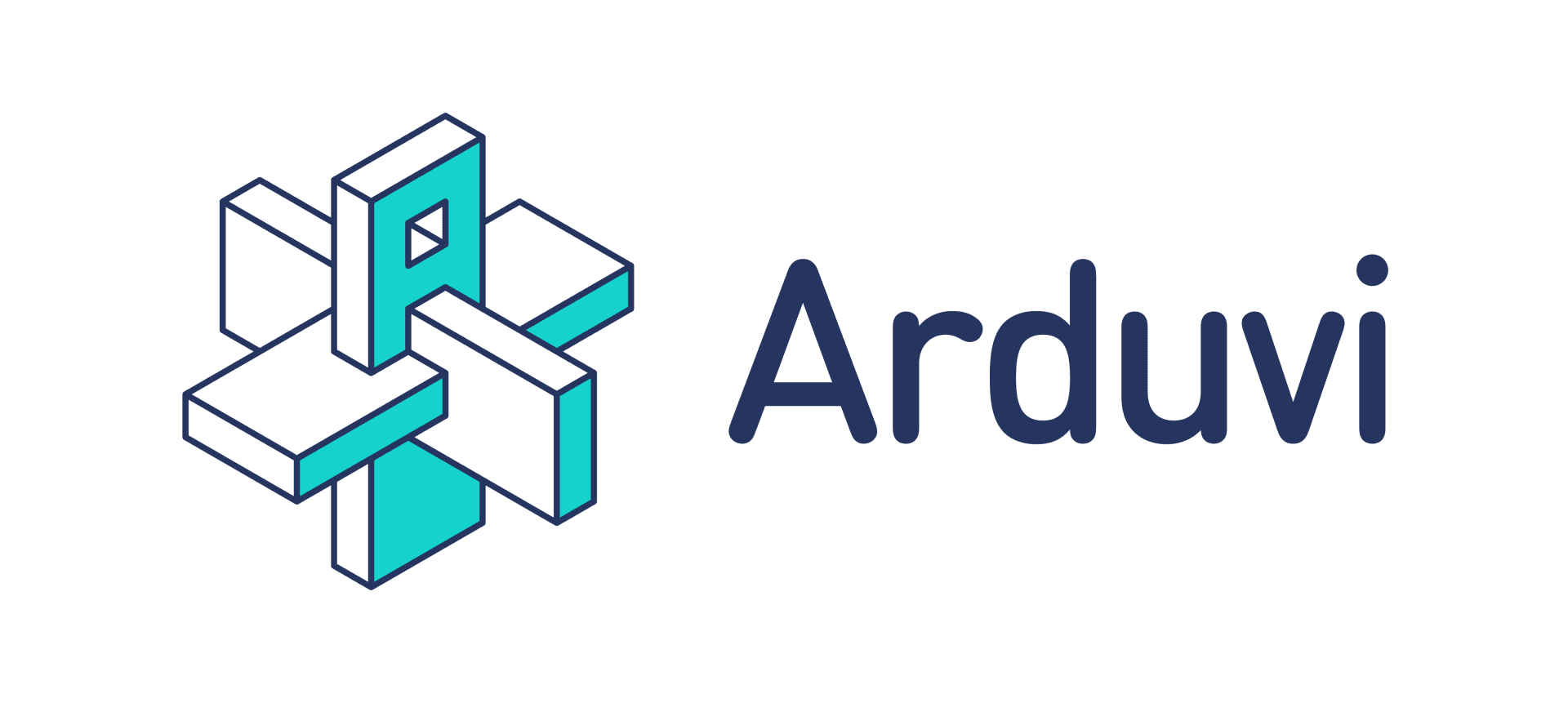 Logo mit einem geometrischen, würfelartigen Design mit dem Buchstaben A auf der linken Seite und dem Wort Arduvi in fettem blauen Text auf der rechten Seite.