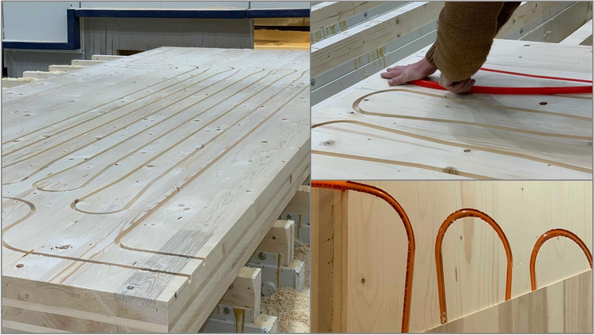 A collage shows wooden panels with grooved channels, a person placing a red pipe in the grooves and a close-up of the pipe fitted into the wood. It demonstrates the installation of radiant heating pipes in wood.