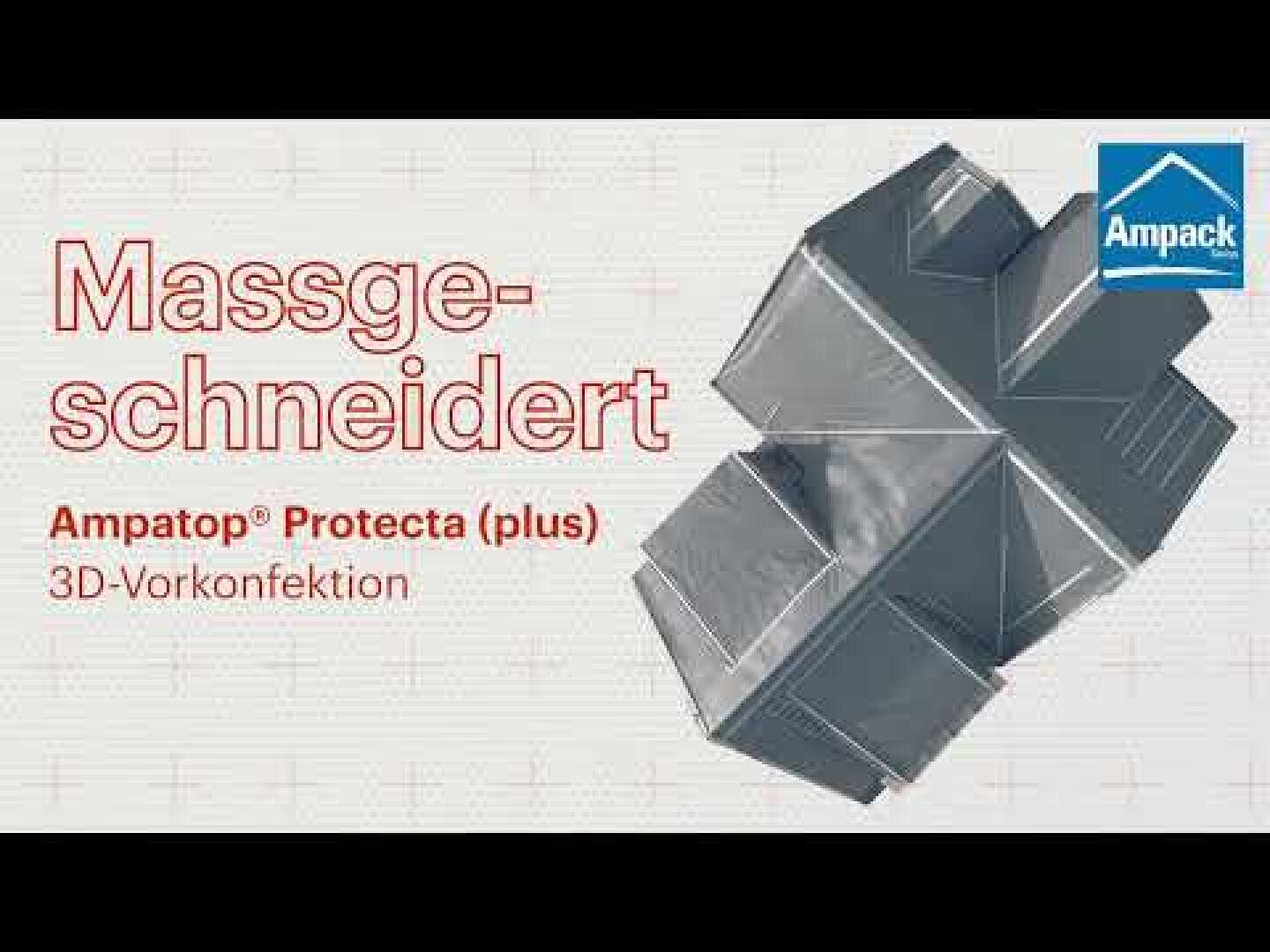 Ein Metall-Lüftungskanalsystem mit mehreren Winkeln wird auf einem Gitterhintergrund gezeigt. Der rote deutsche Text lautet Massgeschneidert und darunter Ampatop® Protecta (plus) 3D-Vorkonfektion. Das Ampack-Logo befindet sich in der rechten oberen Ecke.
