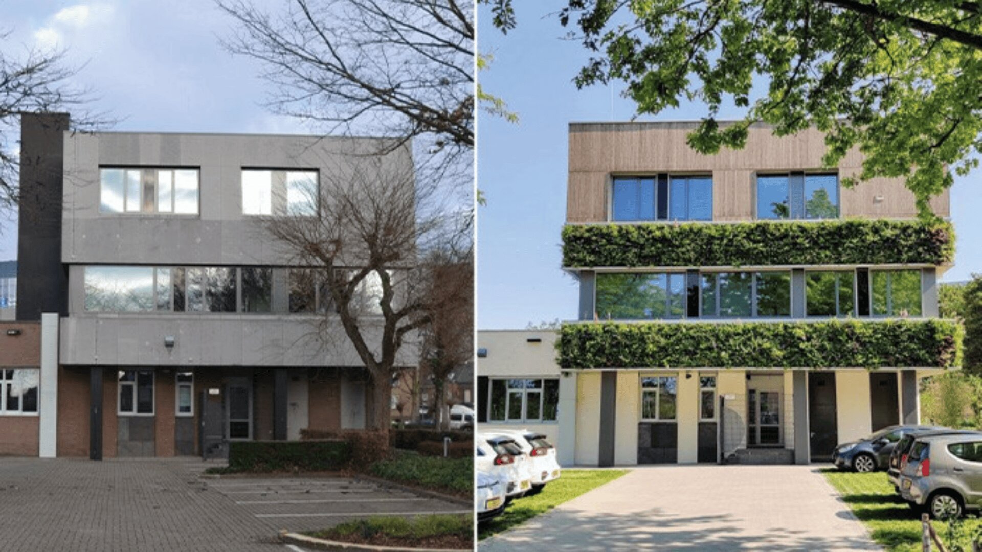 Nebeneinandergestellte Fotos eines dreistöckigen Gebäudes: links eine schlichte Fassade mit kahlen Bäumen; rechts dasselbe Gebäude mit Grünpflanzen an der Fassade und üppigen Bäumen, die ihm ein lebendiges, umweltfreundliches Aussehen verleihen.