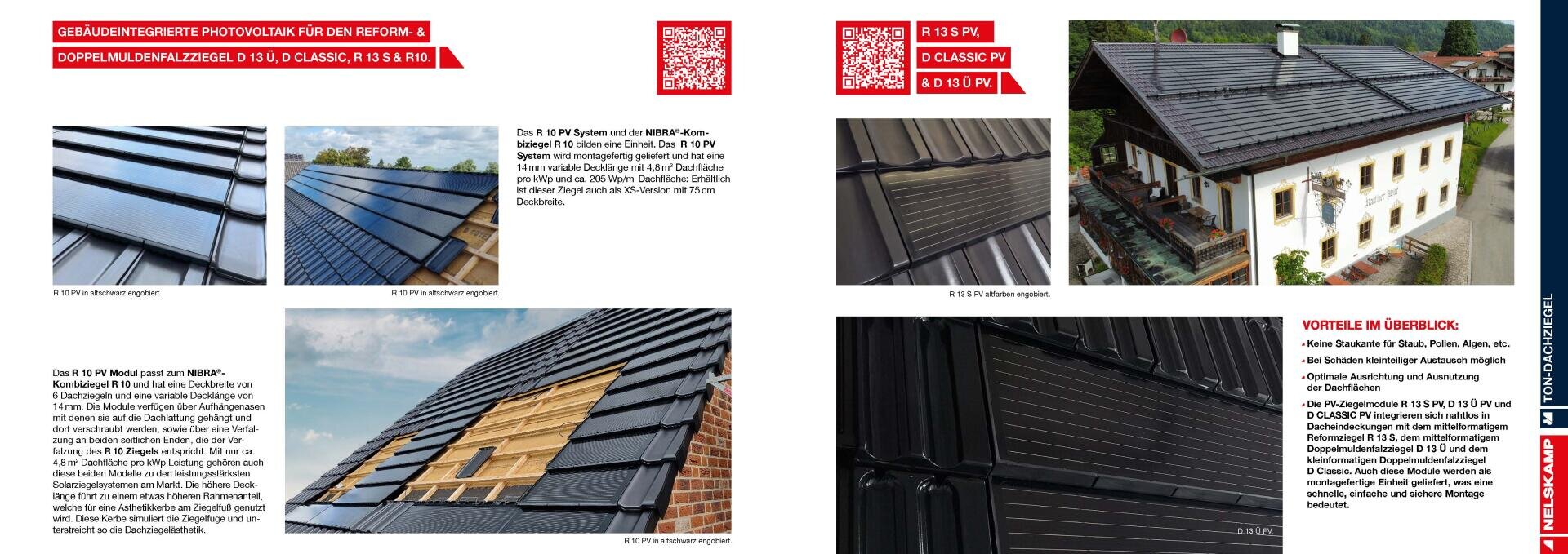 A brochure shows close-ups of solar roof tiles, their installation process, technical details and a house fully equipped with integrated photovoltaic roof tiles. Red and white text provides information on products and functions.