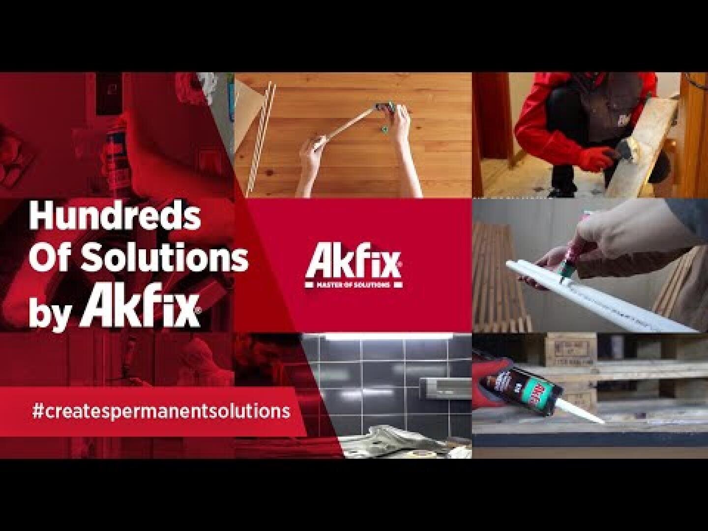 Ein Werbebild für Akfix zeigt Menschen, die Klebstoffe für verschiedene Reparaturen verwenden, mit dem Text Hundreds of Solutions by Akfix und dem Hashtag #createspermanentsolutions auf einem roten Hintergrund.