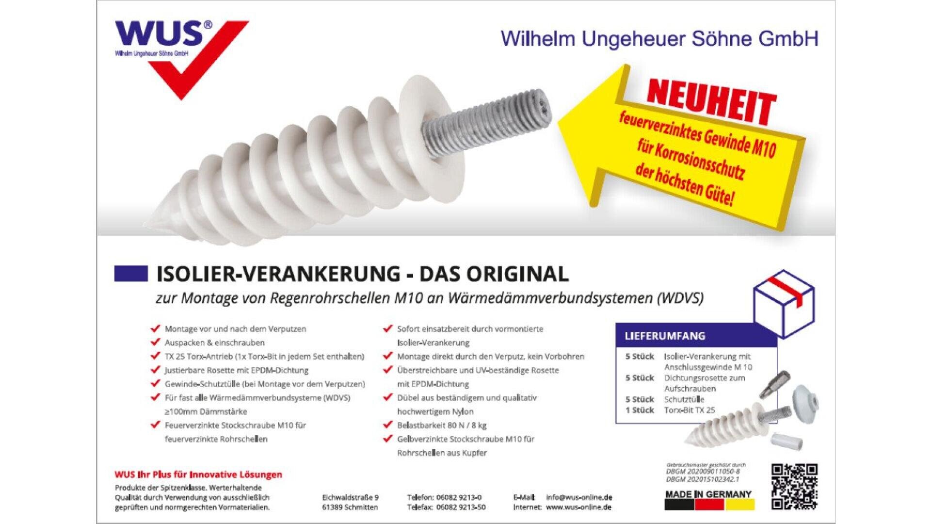 Product advertisement for a white screw anchor with a threaded metal end, showcasing features such as corrosion resistance. Text highlights its use for rain pipe clamps and lists package contents and technical benefits.