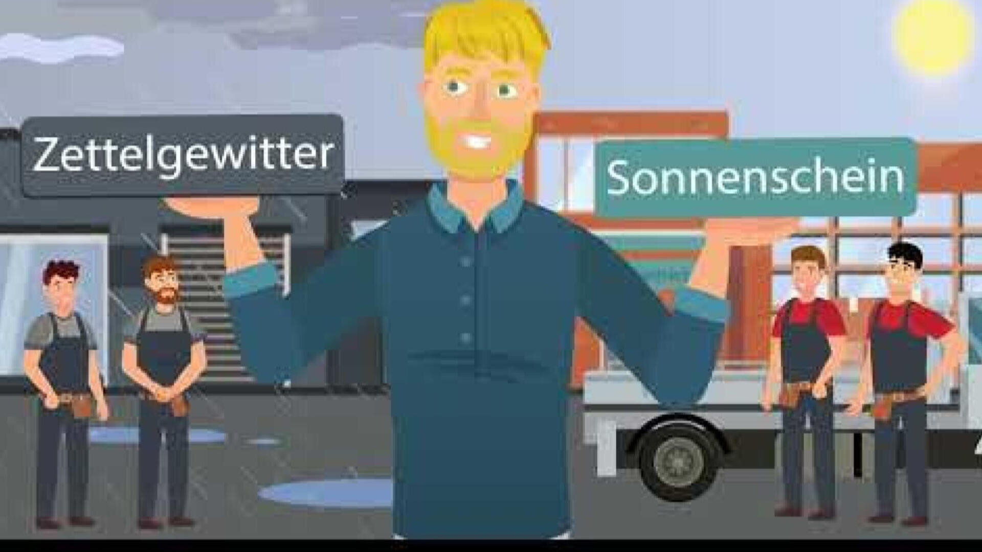 Ein illustrierter Mann steht lächelnd da und hält zwei Schilder mit der Aufschrift Zettelgewitter und Sonnenschein in der Hand, während im Hintergrund Arbeiter und ein Lastwagen zu sehen sind. Auf der linken Seite ist es regnerisch, auf der rechten Seite ist es sonnig.