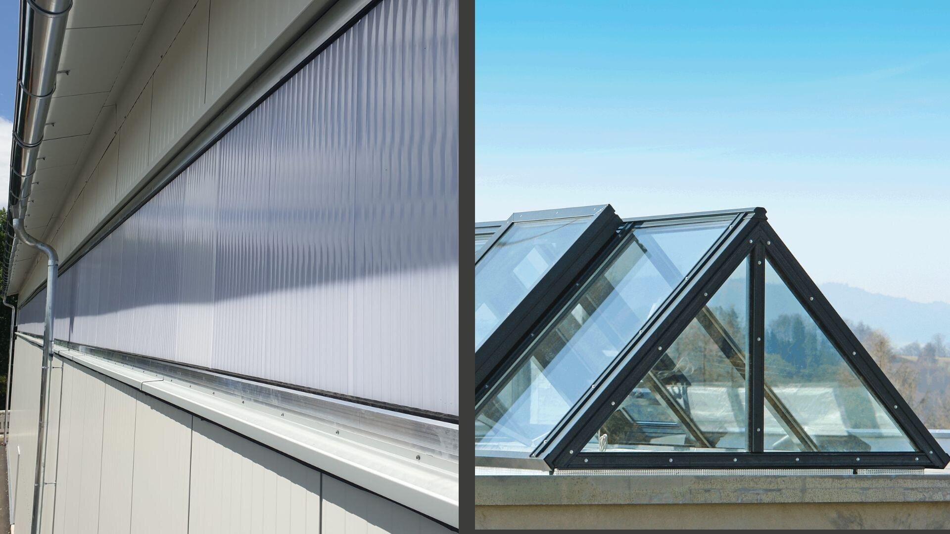 Geteiltes Bild: Die linke Seite zeigt eine lichtdurchlässige Paneelwand an der Außenseite eines Gebäudes; die rechte Seite zeigt eine Nahaufnahme von modernen, dreieckigen Glasoberlichtern auf einem Dach vor blauem Himmel.