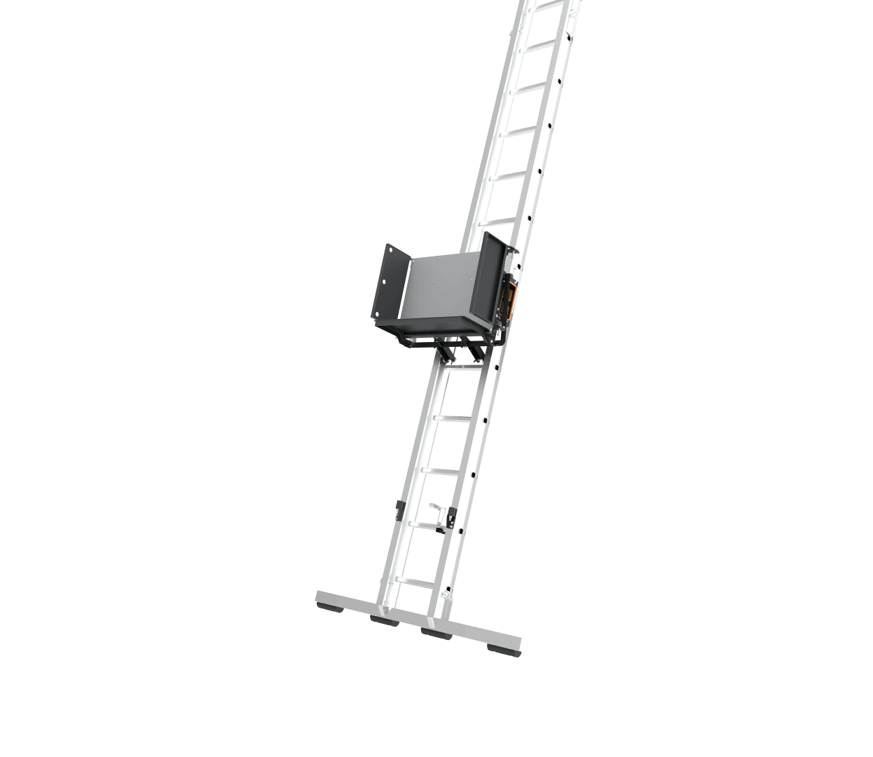 A motorized platform attached to a steep, angled ladder system, designed for lifting materials vertically. The background is transparent.