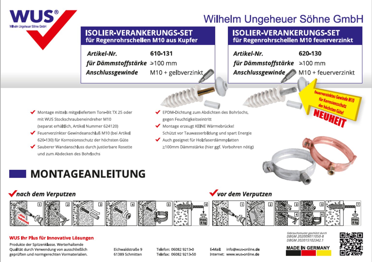 Anleitung zum WUS Isolier-Verankerungs-Set mit Produktbildern, Montageanleitung, Stückliste, Anwendungsbeispielen und Firmenkontaktinformationen (alles in Deutsch). Bei den Produkten handelt es sich um Verankerungssets für Regenwasserrohrschellen.