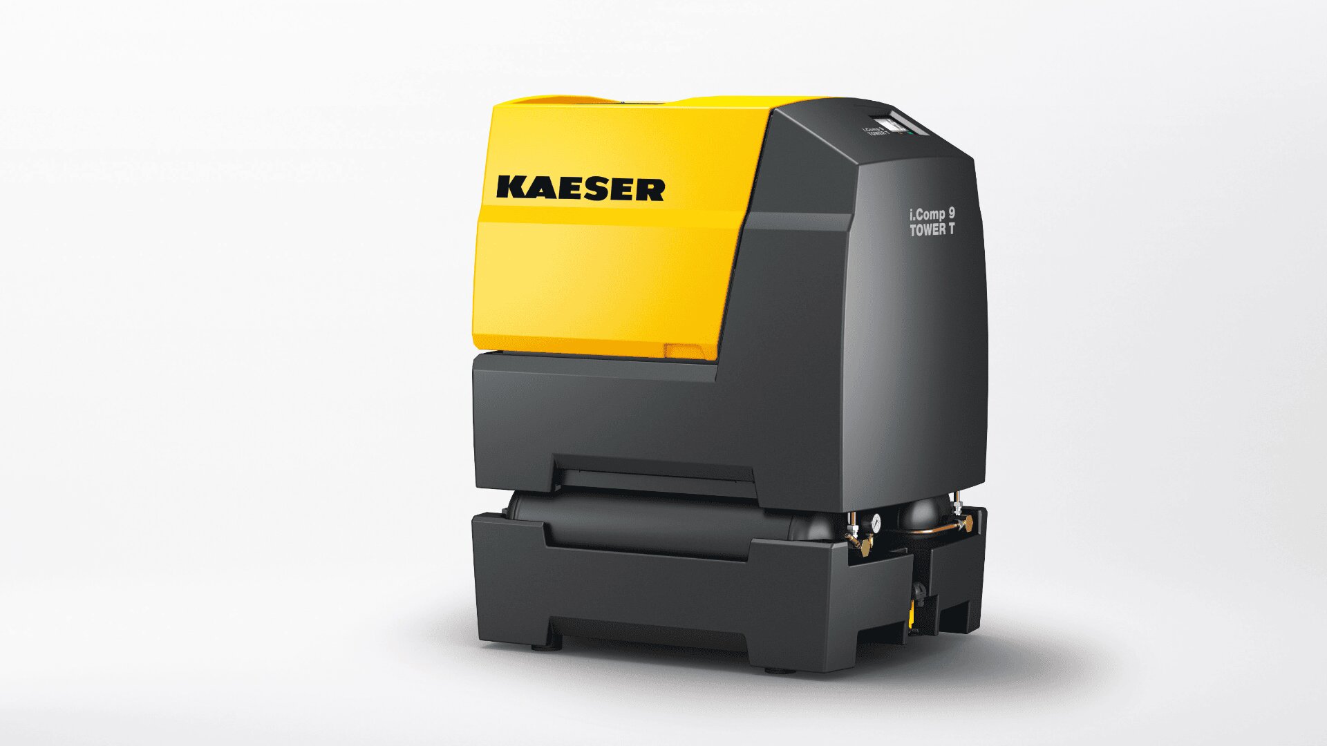 Eine kompakte Industriemaschine mit gelbem Deckel mit der Aufschrift KAESER und schwarzem Sockel vor schlichtem weißem Hintergrund. Auf der Seite steht „i.Comp 8 TOWER T“. Das Design ist modern und kastenförmig.