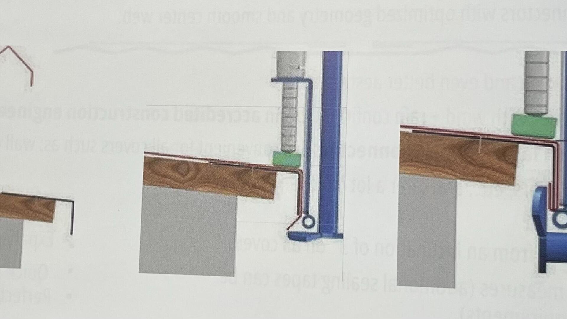 Ein technisches Diagramm, das zwei Querschnittsansichten von Bauteilen aus Holz, Metall und Beton zeigt, die durch grüne und rote Linien verbunden sind und Konstruktions- oder Montagedetails illustrieren.