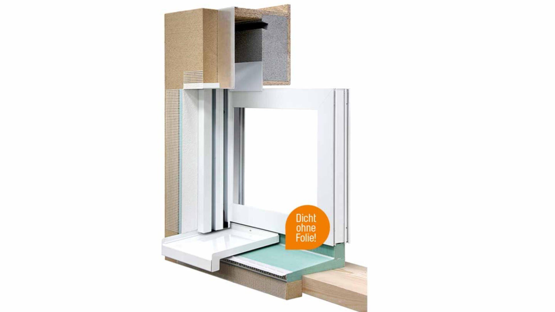 Querschnitt einer Fenstermontage mit Dämmschichten und Baumaterialien, mit einem Aufkleber mit der Aufschrift Dicht ohne Folie! (dicht ohne Folie) auf Deutsch.