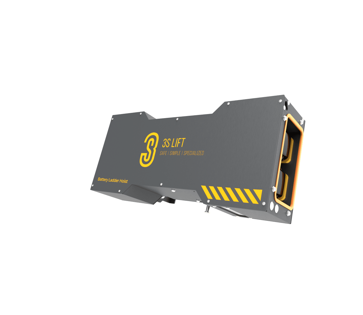 A rectangular gray battery module labeled 3S LIFT with yellow branding, text reading SIMPLE | SAFE | SPECIALIZED, and a Battery Lockbar Inside note; the module has visible connectors and yellow caution stripes.