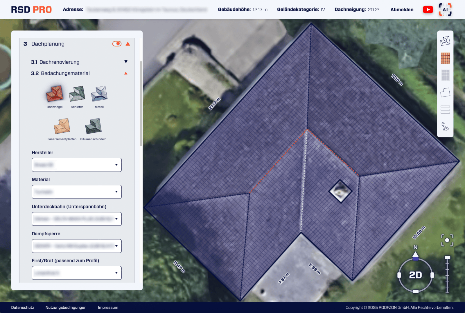 A digital interface shows a satellite view of a house roof with measurement tools and roof design options on the left, including material selection; the roof area is outlined in blue on the aerial image.