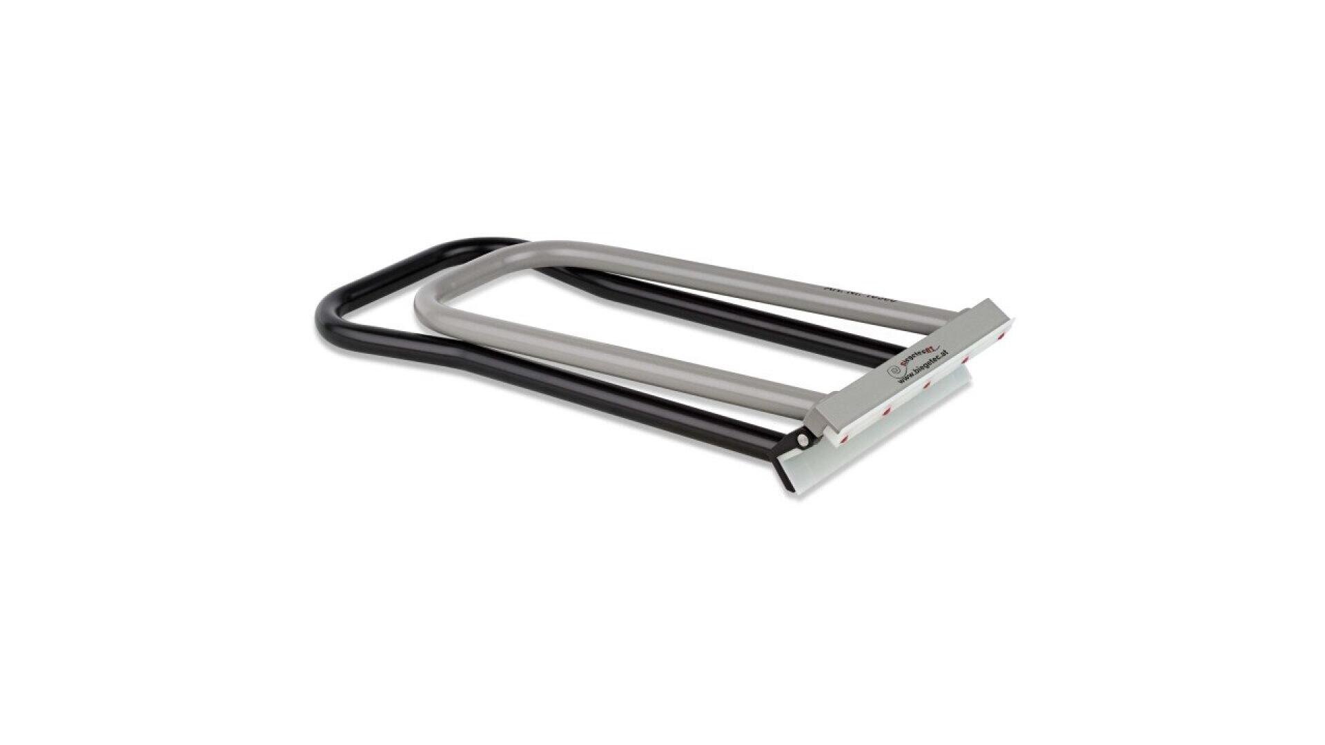 A metal squeegee with a black and silver handle, designed for cleaning floors or flat surfaces, is shown on a white background.