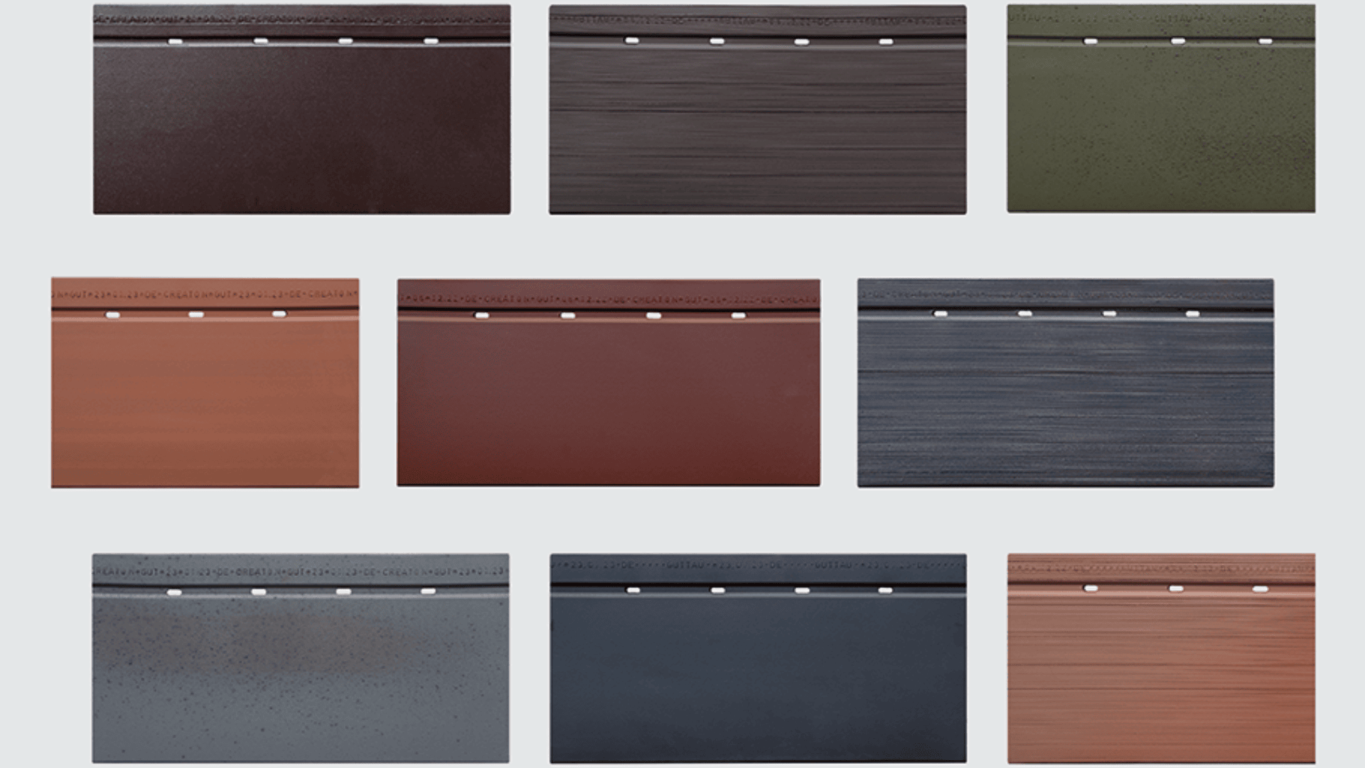 A grid of ten rectangular vinyl siding samples, each in a different color including shades of brown, green, red, blue, and gray, displayed against a light gray background.