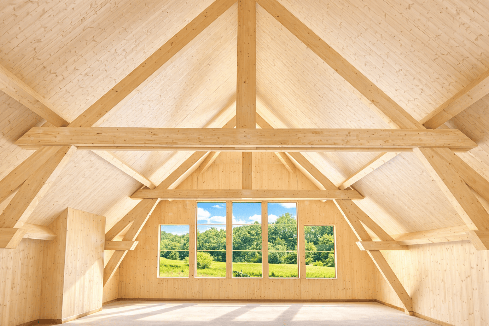 A spacious, bright attic room with exposed wooden beams and a large window overlooking a sunny, green landscape. The interior features light-colored wooden walls, ceilings and floors, creating a warm, inviting atmosphere.
