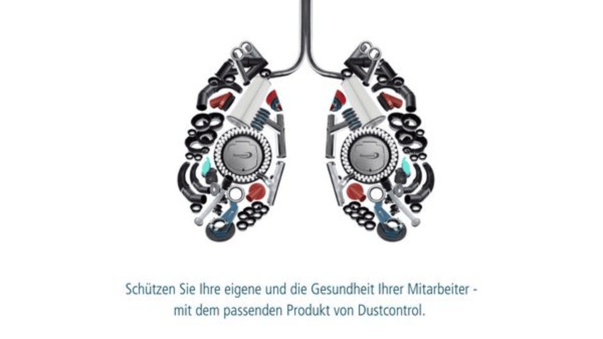 Illustration von Lungen aus mechanischen Teilen, Zahnrädern und Industriekomponenten. Unten lautet der deutsche Text: Schützen Sie Ihre eigenen und die Gesundheit Ihrer Mitarbeiter – mit dem passenden Produkt von Dustcontrol.