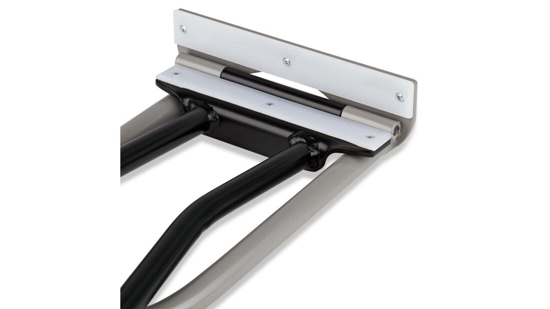 Close-up view of a metal wall-mounted pull-up bar with a rectangular white mounting plate, two black support arms, and a grey frame against a white background.