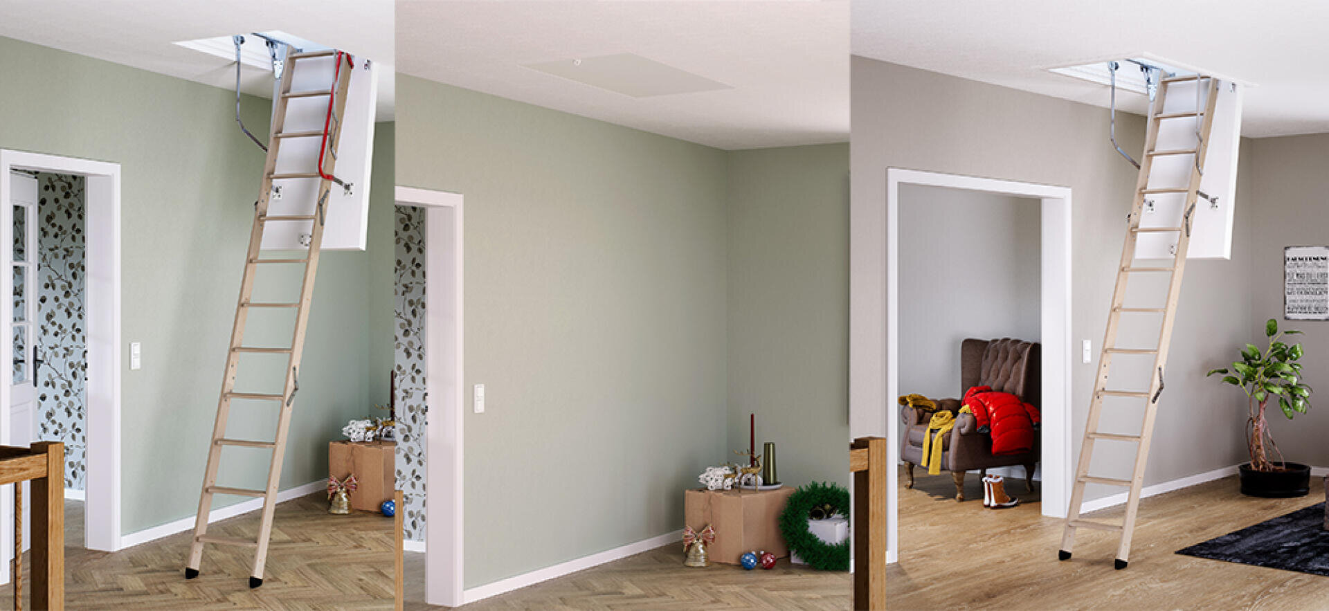 Drei nebeneinander stehende Fotos zeigen eine ausziehbare Dachbodenleiter aus Holz in einer Deckenluke, vollständig ausgefahren und eingefahren, in einem modernen Raum mit grünlichen Wänden, Holzboden und minimalistischem Dekor.