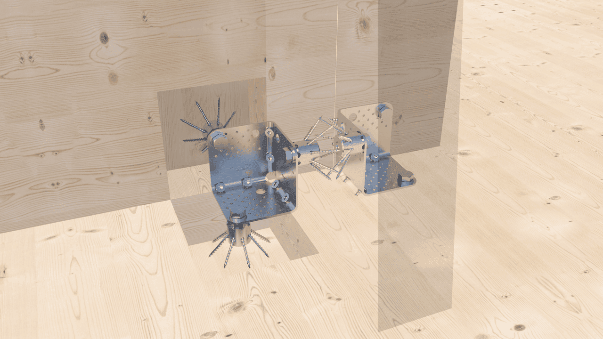 A 3D rendering shows two blue metal brackets attached to wooden panels with multiple screws and spiked extensions, demonstrating a structural connection system. The floor and wall are light wood.