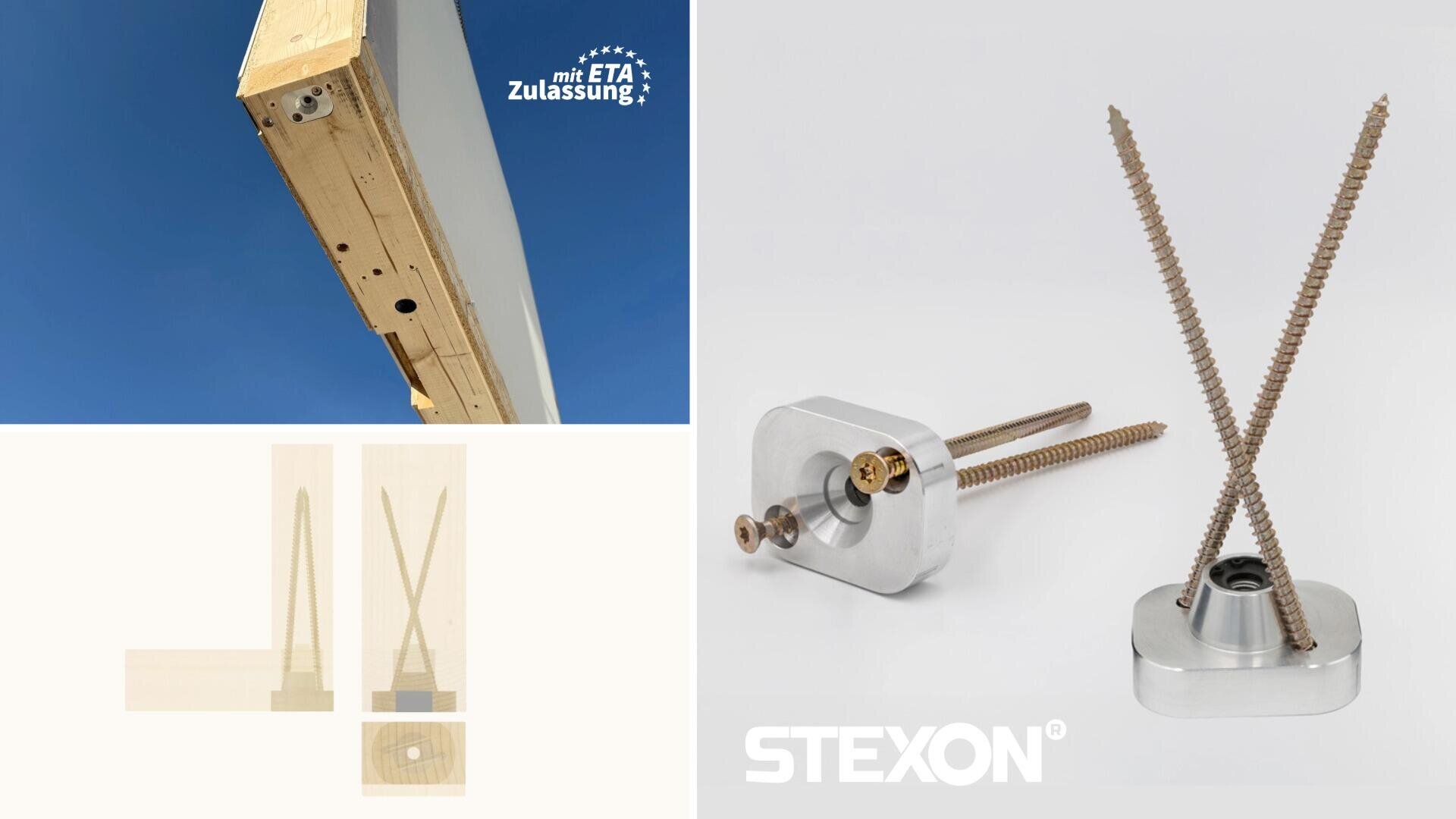 Nahaufnahme eines Holzbalkens mit Metallbefestigungselementen, technische Zeichnungen eines Befestigungssystems und zwei große Schrauben, die einen Metallsockel durchkreuzen. Der Text STEXON und mit ETA-Zulassung ist sichtbar.