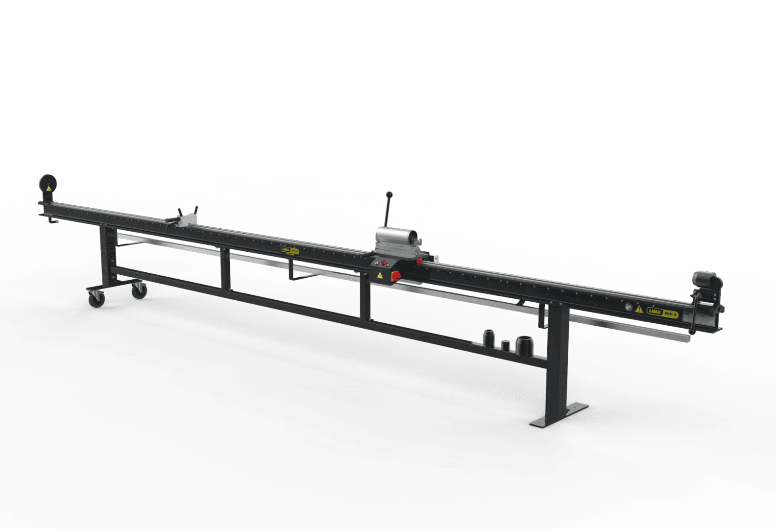 A long, industrial metal cutting machine with a black frame, measuring guides, hand-operated controls, and two blue caster wheels on one end, set against a white background.
